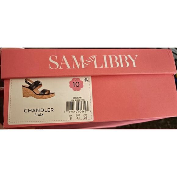 NIB Sam and Libby Chandler Cork Wedge Sandal Black Size 10 Platform Faux Leather - Picture 12 of 14